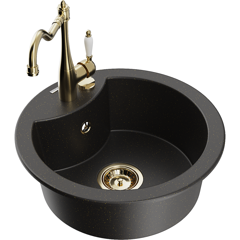 Mexen Diego Granitspüle 1-Kammer mit Küchenarmatur Carla, schwarz/gold metallic - 6512-75-670700-50