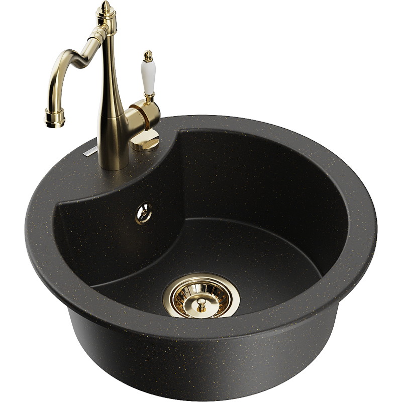 Mexen Diego granitspüle einbau 1-becken mit küchenarmatur Carla, schwarz/gold metallic - 6512-75-670700-50