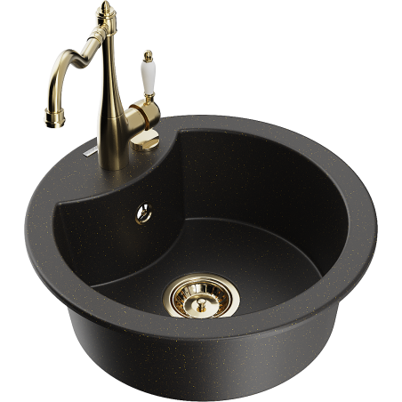 Mexen Diego Granitspüle 1-Kammer mit Küchenarmatur Carla, schwarz/gold metallic - 6512-75-670700-50