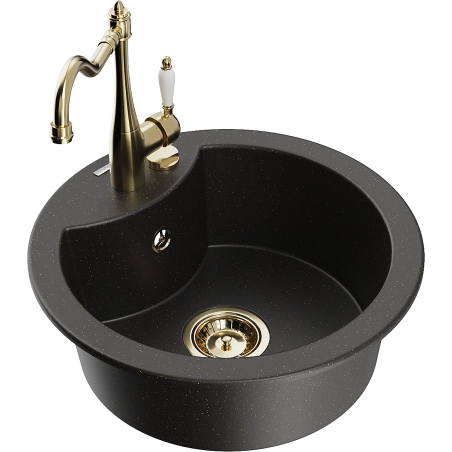 Mexen Diego granitspüle einbau 1-becken mit küchenarmatur Carla, schwarz/gold metallic - 6512-75-670700-50