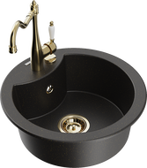 Mexen Diego Granitspüle 1-Kammer mit Küchenarmatur Carla, schwarz/gold metallic - 6512-75-670700-50