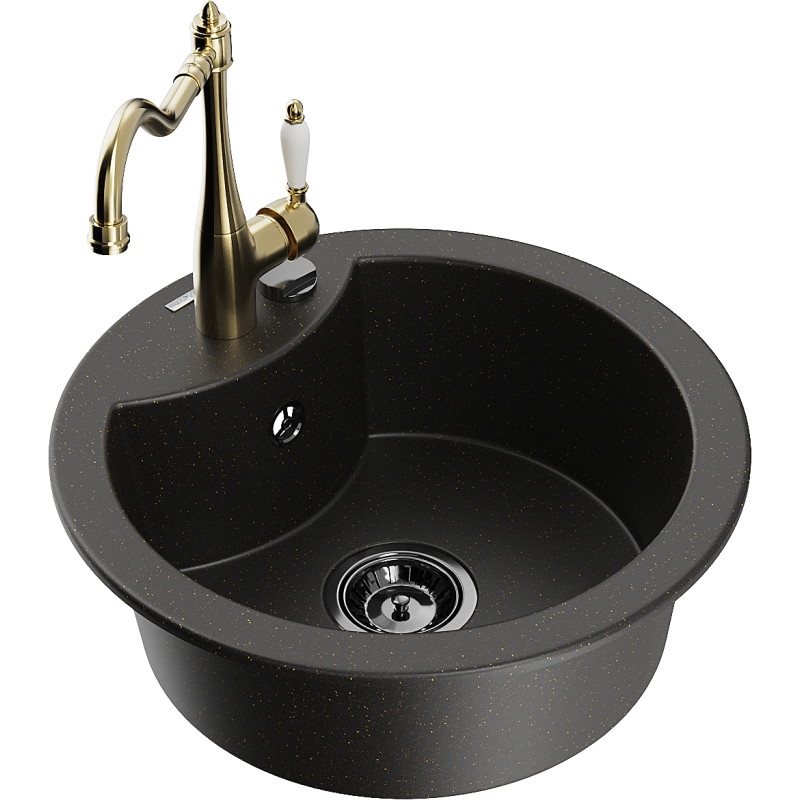 Mexen Diego Granitspüle einteilig mit Küchenarmatur Carla, schwarz/gold metallic - 6512-75-670700-50-B