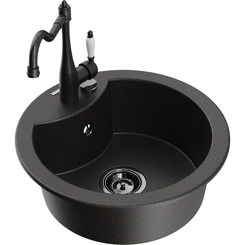 Mexen Diego granitspüle 1-becken mit Küchenarmatur Carla, schwarz/gold-metallic - 6512-75-670700-70-B