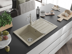 Mexen Bruno Granitspüle 1-Becken mit Abtropffläche und Küchenarmatur Carla, beige - 6513-69-670700-00