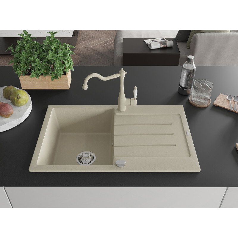 Mexen Bruno Granitspüle einteilig mit Abtropffläche und Küchenarmatur Carla, beige - 6513-69-670700-69