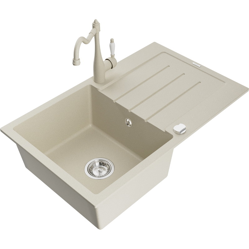 Mexen Bruno granitspüle 1-becken mit abtropffläche und küchenarmatur Carla, beige - 6513-69-670700-69