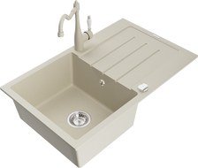 Mexen Bruno Granitspüle einteilig mit Abtropffläche und Küchenarmatur Carla, beige - 6513-69-670700-69
