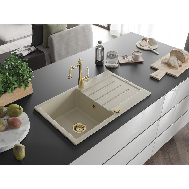 Mexen Bruno Granitspüle 1-Becken inkl. Abtropffläche und Küchenarmatur Carla, beige - 6513-69-670700-50