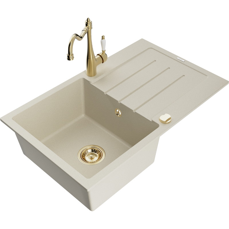 Mexen Bruno Granitspüle 1-Becken inkl. Abtropffläche und Küchenarmatur Carla, beige - 6513-69-670700-50