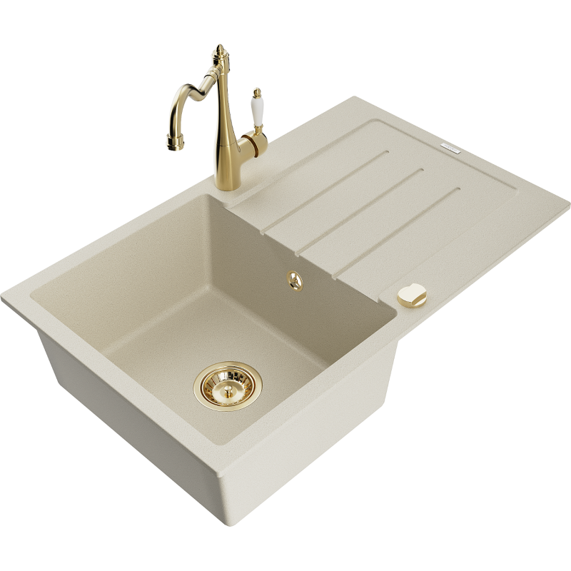 Mexen Bruno Granitspüle 1-beckig mit Abtropffläche und Küchenarmatur Carla, beige - 6513-69-670700-50