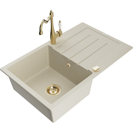 Mexen Bruno Granitspüle 1-Becken inkl. Abtropffläche und Küchenarmatur Carla, beige - 6513-69-670700-50