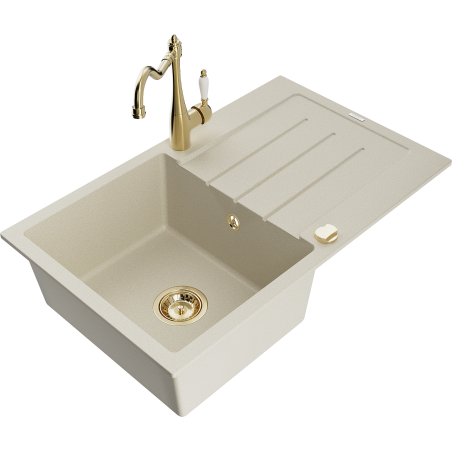 Mexen Bruno Granitspüle 1-beckig mit Abtropffläche und Küchenarmatur Carla, beige - 6513-69-670700-50