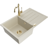 Mexen Bruno Granitspüle 1-beckig mit Abtropffläche und Küchenarmatur Carla, beige - 6513-69-670700-50