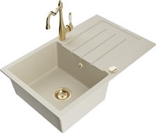 Mexen Bruno Granitspüle 1-beckig mit Abtropffläche und Küchenarmatur Carla, beige - 6513-69-670700-50