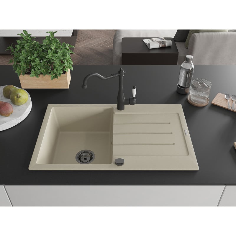 Mexen Bruno Granitspüle mit 1 Becken, Abtropffläche und Küchenarmatur Carla, beige - 6513-69-670700-70