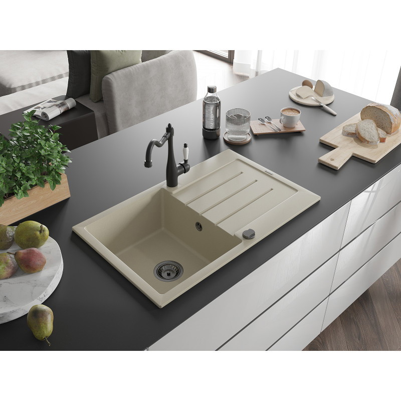 Mexen Bruno Granitspüle mit 1 Becken, Abtropffläche und Küchenarmatur Carla, beige - 6513-69-670700-70