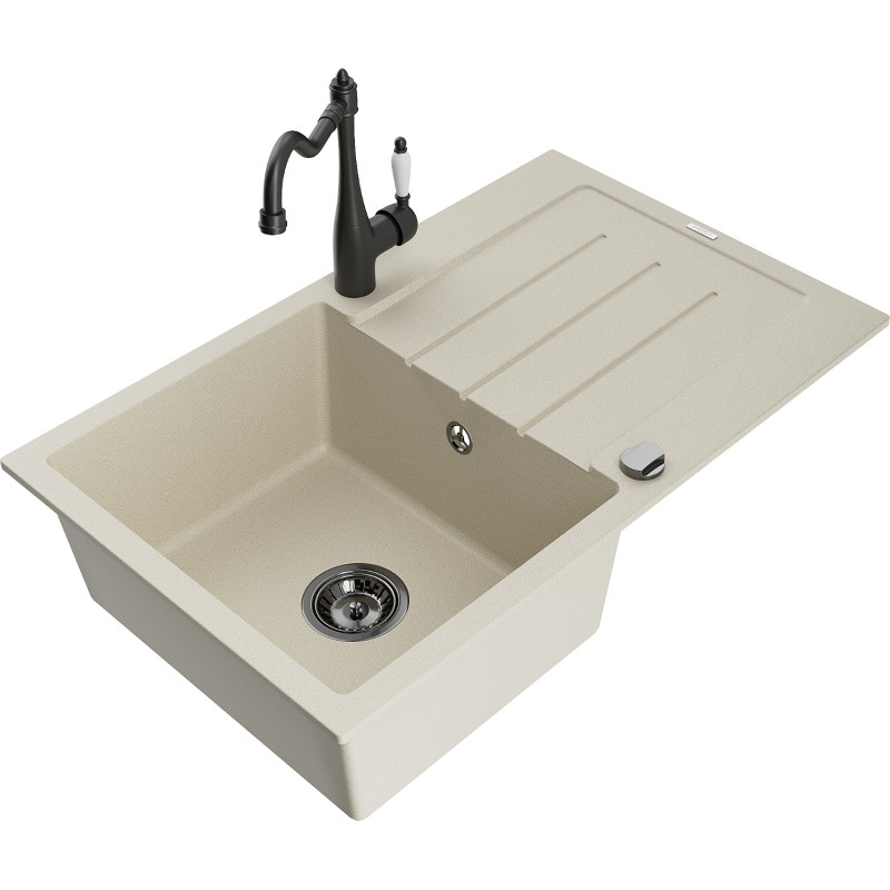Mexen Bruno Granitspüle 1-becken mit Abtropffläche und Küchenarmatur Carla, beige - 6513-69-670700-70