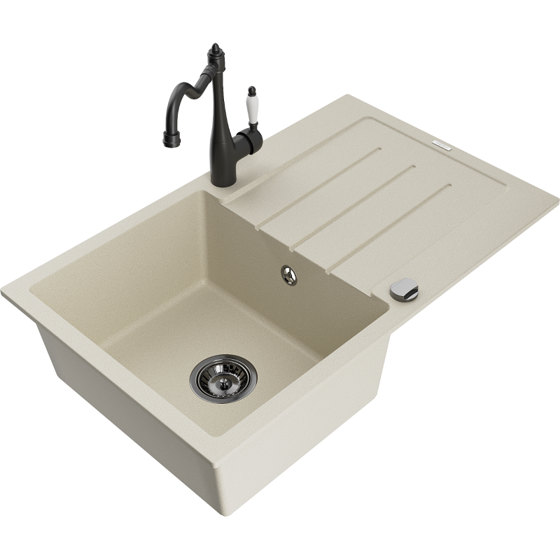 Mexen Bruno Granitspüle mit 1 Becken, Abtropffläche und Küchenarmatur Carla, beige - 6513-69-670700-70