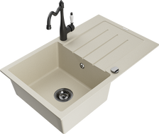 Mexen Bruno Granitspüle mit 1 Becken, Abtropffläche und Küchenarmatur Carla, beige - 6513-69-670700-70