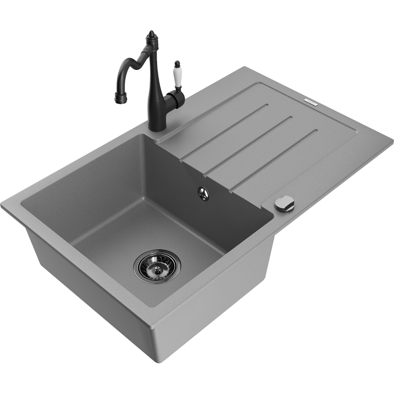 Mexen Bruno Granitspüle 1-Becken mit Abtropffläche und Küchenarmatur Carla, grau - 6513-71-670700-70-B