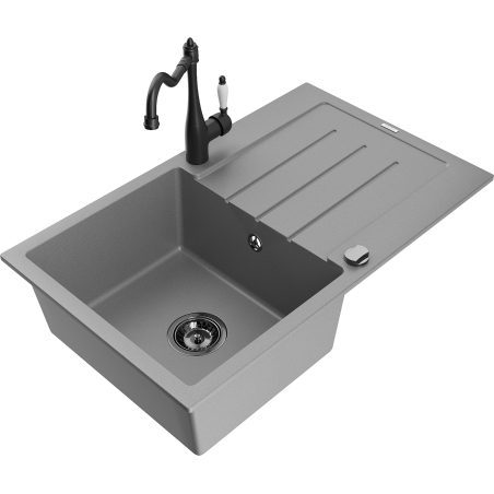 Mexen Bruno Granitspüle 1-Becken mit Abtropffläche und Küchenarmatur Carla, grau - 6513-71-670700-70-B