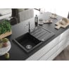 Mexen Bruno Granitspüle 1-beckig mit Abtropffläche und Küchenarmatur Carla, schwarz/silber metallic - 6513-73-670700-00