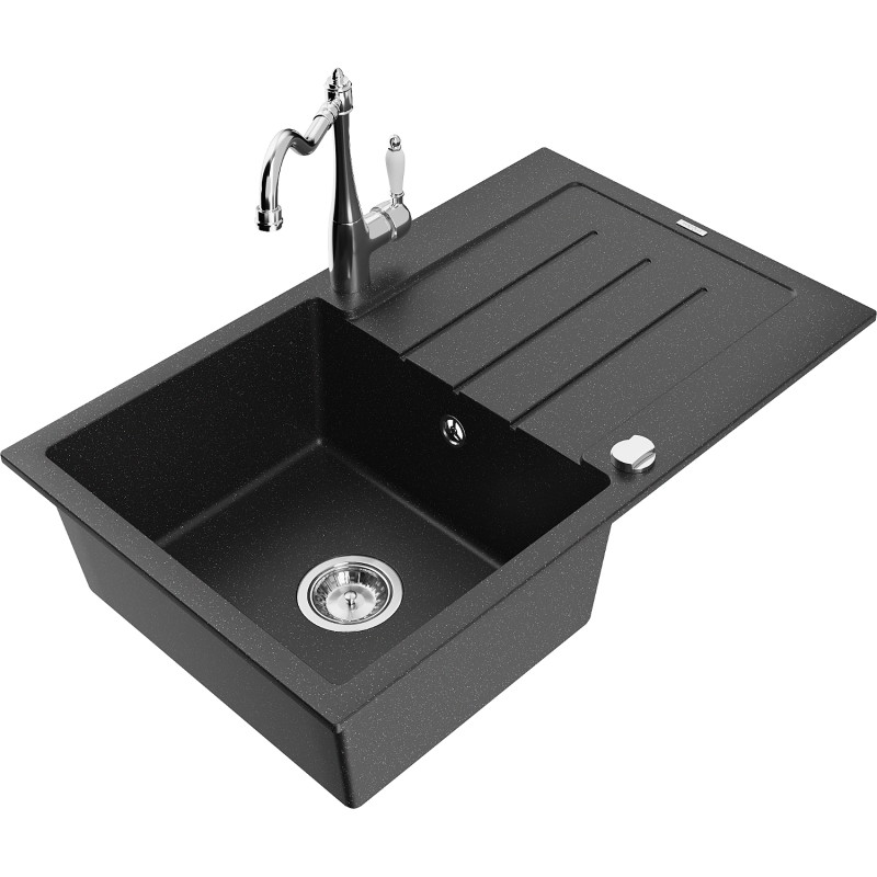 Mexen Bruno Granitspüle 1-Becken mit Abtropffläche und Küchenarmatur Carla, schwarz/silber metallic - 6513-73-670700-00