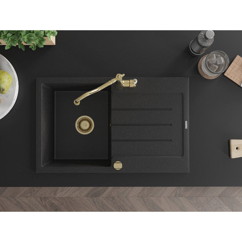 Mexen Bruno Granitspüle 1-beckig mit Abtropffläche und Küchenarmatur Carla, schwarz/silber metallic - 6513-73-670700-50
