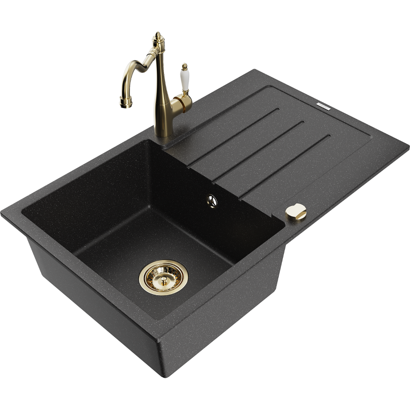 Mexen Bruno Granitspüle 1-beckig mit Abtropffläche und Küchenarmatur Carla, schwarz/silber metallic - 6513-73-670700-50