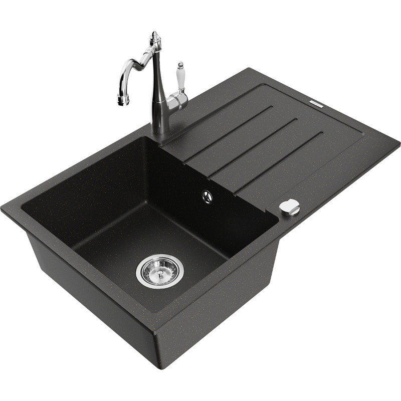 Mexen Bruno Granitspüle 1-Becken mit Abtropffläche und Küchenarmatur Carla, schwarz/gold metallic - 6513-75-670700-00