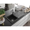Mexen Bruno Granitspüle 1-Kammer mit Abtropffläche und Küchenarmatur Carla, Schwarz/Silber Metallic - 6513-73-670700-70