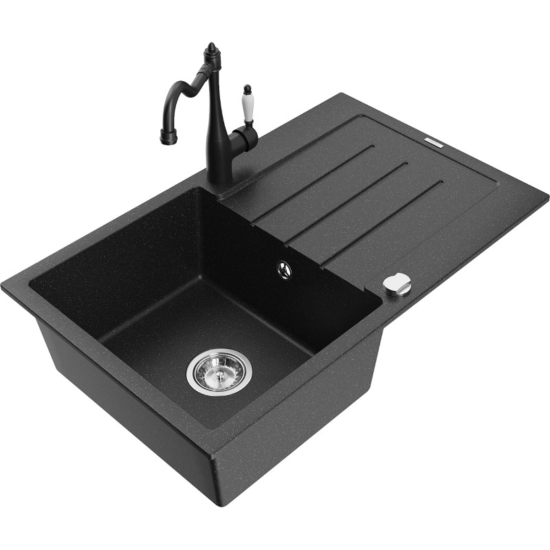 Mexen Bruno Granitspüle 1-Becken mit Abtropffläche und Küchenarmatur Carla, schwarz/silber metallic - 6513-73-670700-70
