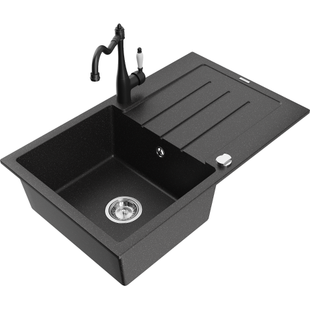 Mexen Bruno Granitspüle 1-Becken mit Abtropffläche und Küchenarmatur Carla, schwarz/silber metallic - 6513-73-670700-70