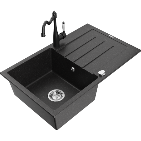 Mexen Bruno Granitspüle 1-Kammer mit Abtropffläche und Küchenarmatur Carla, Schwarz/Silber Metallic - 6513-73-670700-70