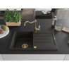 Mexen Bruno Granitspüle mit 1 Becken, Abtropffläche und Küchenarmatur Carla, schwarz/gold metallic - 6513-75-670700-50