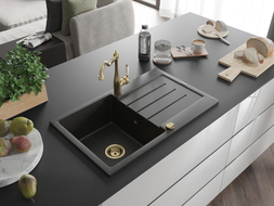 Mexen Bruno Granitspüle mit 1 Becken, Abtropffläche und Küchenarmatur Carla, schwarz/gold metallic - 6513-75-670700-50