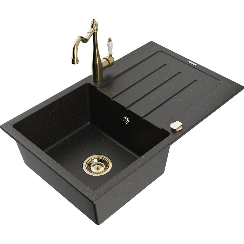 Mexen Bruno granitspüle 1-becken mit abtropffläche und küchenarmatur Carla, schwarz/gold metallic - 6513-75-670700-50