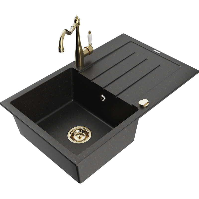 Mexen Bruno Granitspüle mit 1 Becken, Abtropffläche und Küchenarmatur Carla, schwarz/gold metallic - 6513-75-670700-50