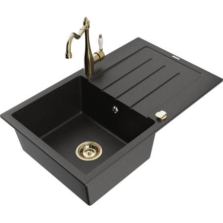 Mexen Bruno Granitspüle mit 1 Becken, Abtropffläche und Küchenarmatur Carla, schwarz/gold metallic - 6513-75-670700-50