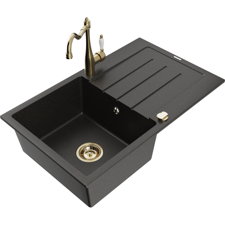 Mexen Bruno Granitspüle mit 1 Becken mit Abtropffläche und Küchenarmatur Carla, schwarz/goldenes Metallic - 6513-75-670700-50