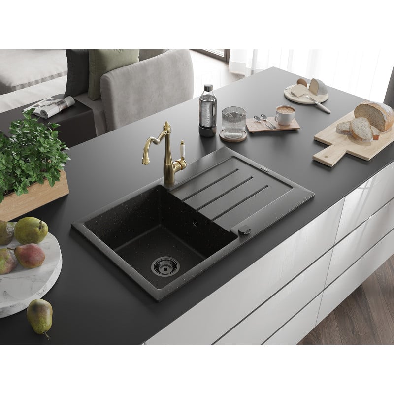 Mexen Bruno Granitspüle 1-Becken mit Abtropffläche und Küchenarmatur Carla, Schwarz/Gold Metallic - 6513-75-670700-50-B