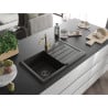 Mexen Bruno Granitspüle 1-Becken mit Abtropffläche und Küchenarmatur Carla, Schwarz/Gold Metallic - 6513-75-670700-50-B