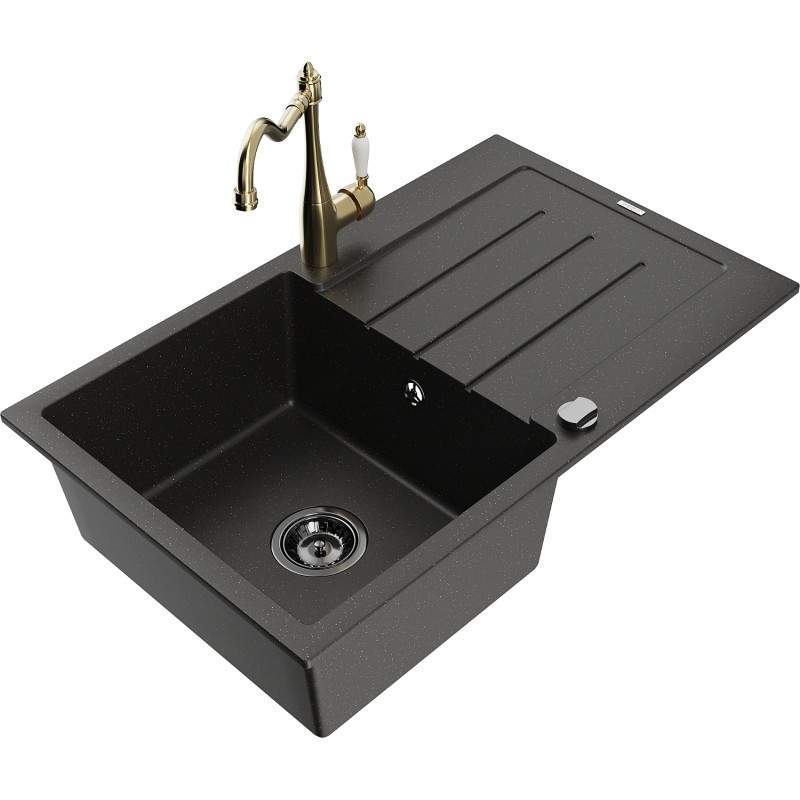 Mexen Bruno Granitspüle 1-fach mit Abtropffläche und Küchenarmatur Carla, schwarz/gold-metallisch - 6513-75-670700-50-B