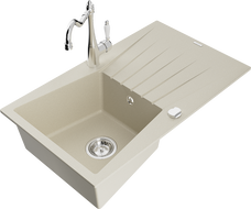 Mexen Cesar Granitspüle 1-Becken mit Abtropffläche und Küchenarmatur Carla, beige - 6514-69-670700-00