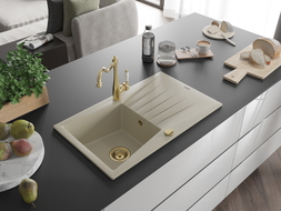 Mexen Cesar 1-Schüssel Granitspüle mit Abtropffläche und Küchenarmatur 'Carla', beige - 6514-69-670700-50