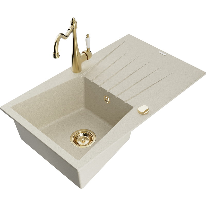 Mexen Cesar 1-Schüssel Granitspüle mit Abtropffläche und Küchenarmatur 'Carla', beige - 6514-69-670700-50