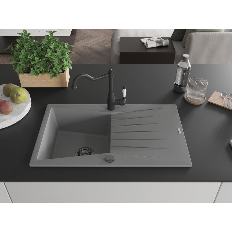 Mexen Cesar 1-Becken Granitspüle mit Abtropffläche und Küchenarmatur Carla, grau - 6514-71-670700-70-B