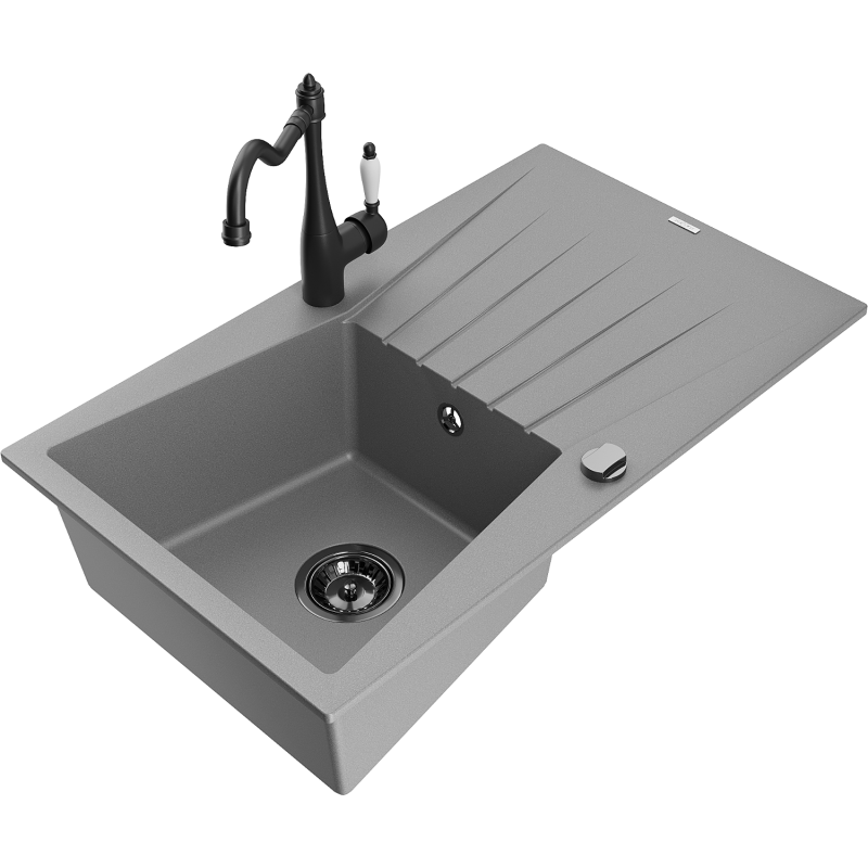 Mexen Cesar 1-Becken Granitspüle mit Abtropffläche und Küchenarmatur Carla, grau - 6514-71-670700-70-B