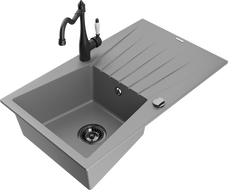 Mexen Cesar 1-Becken Granitspüle mit Abtropffläche und Küchenarmatur Carla, grau - 6514-71-670700-70-B