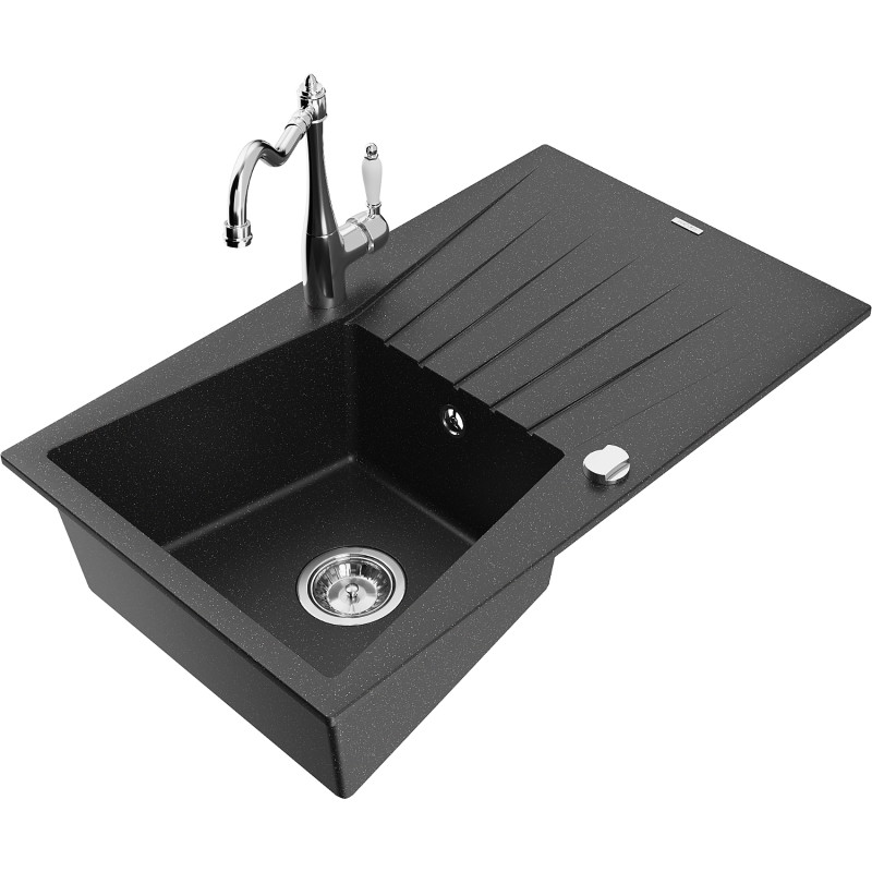 Mexen Cesar granitspüle 1-becken mit abtropffläche und küchenarmatur Carla, schwarz/silber metallic - 6514-73-670700-00